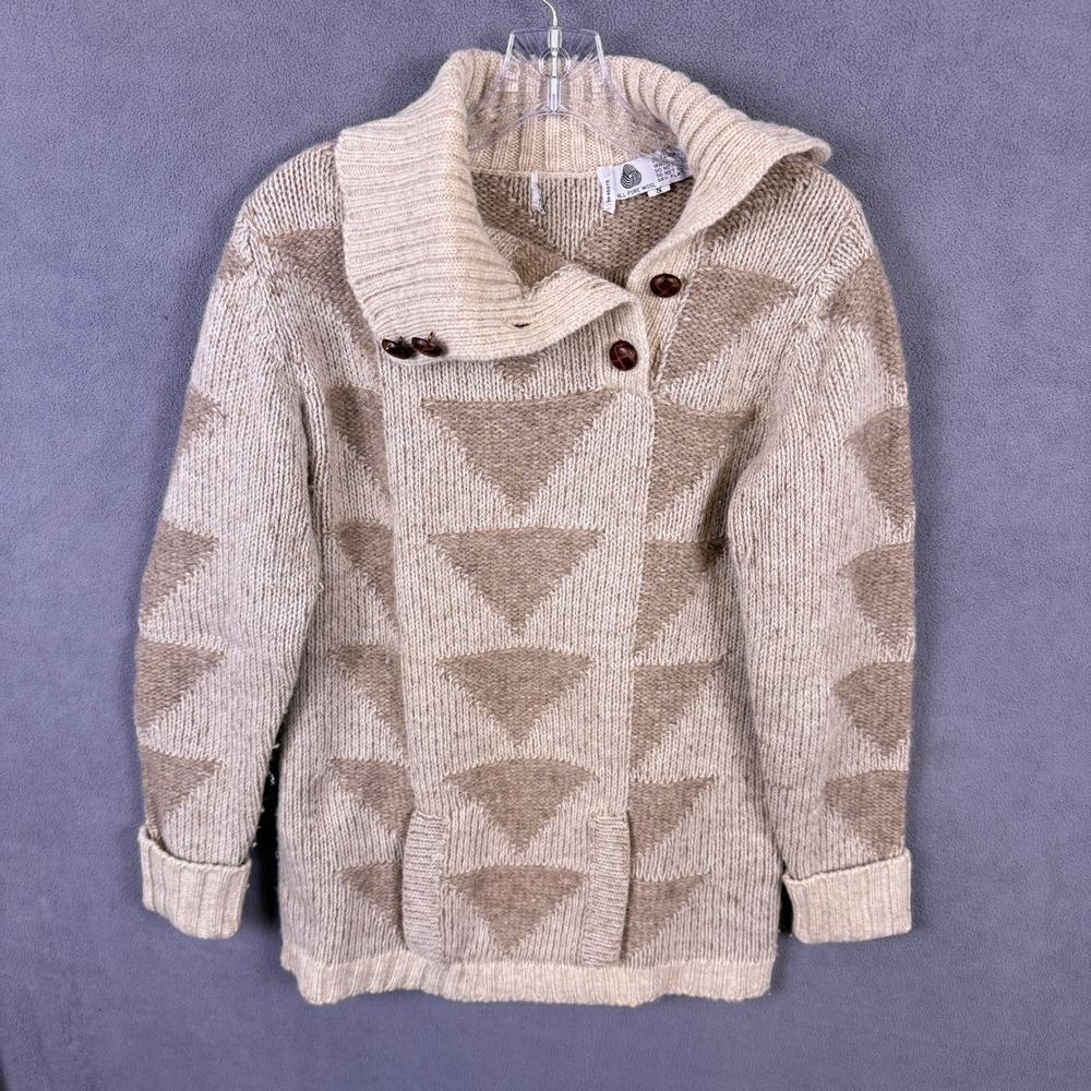 VTG 70s 80s Chunky Wool Geometric Sweater Jacket Asymmetrical Button Neck Small